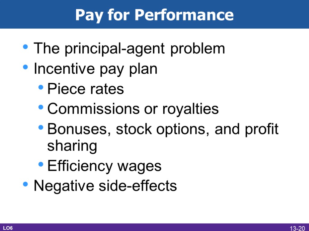 Pay for Performance The principal-agent problem Incentive pay plan Piece rates Commissions or royalties